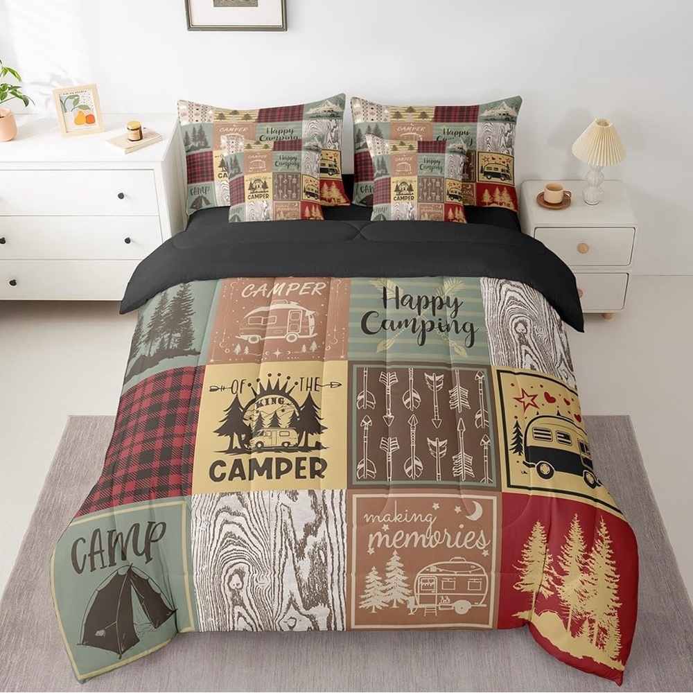 Camper Patchwork Duvet Cover Set - Black and Multicolor Camping Motifs BNIP